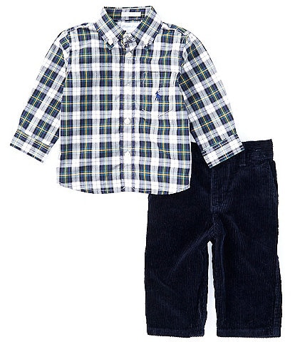 Ralph Lauren Baby Boys 3-24 Months Long Sleeve Plaid Poplin Shirt & Solid Wide-Wale Corduroy Pant Set