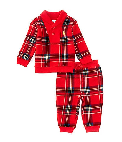 Ralph Lauren Baby Boys 3-24 Months Long-Sleeve Plaid Shawl-Collar Pullover & Matching Fleece Jogger Pant Set