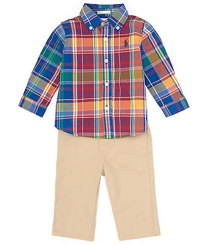 Ralph Lauren Baby Boys 3-24 Months Long Sleeve Plaid Shirt & Chino Pant Set