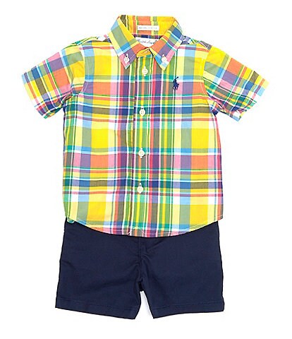 Ralph Lauren Baby Boys 3-24 Months Short Sleeve Plaid Poplin Shirt & Chino Short Set