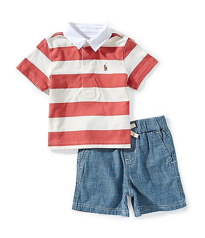 Ralph Lauren Baby Boys 3-24 Months Short Sleeve Striped Rugby Shirt & Chambray Shorts Set