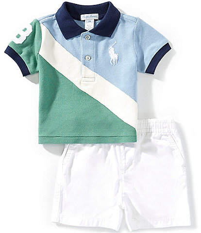 Ralph Lauren Baby Boys Short-Sleeve Color Block Big Pony Mesh Polo Shirt & Solid Twill Shorts Set
