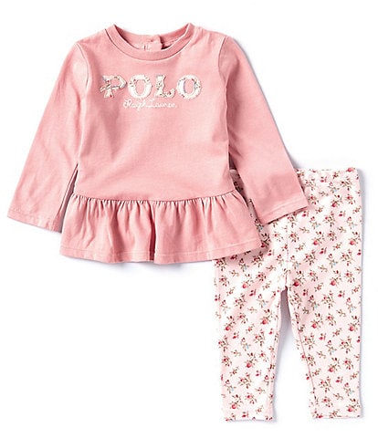 Ralph Lauren Baby Girls 3-12 Months Long Sleeve Logo Applique Jersey T-Shirt & Floral Interlock Leggings Set