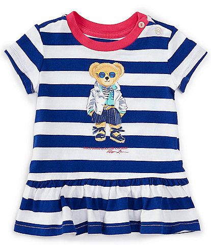 Ralph Lauren Baby Girls 3-24 Months Cap Sleeve Striped Polo Bear Peplum Jersey T-Shirt