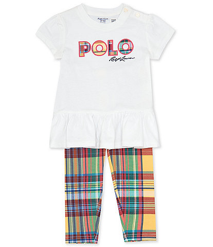 Ralph Lauren Baby Girls 3-24 Months Puffed-Sleeve Logo Jersey T-Shirt & Plaid Leggings Set