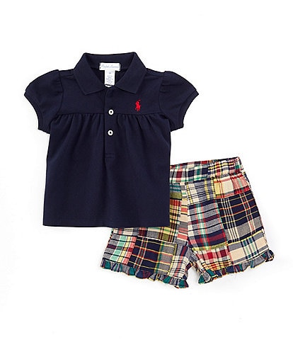 Ralph Lauren Baby Girls' 3-24 Months Puffed Sleeve Mesh Polo Shirt & Madras Short Set