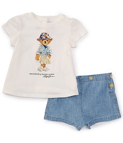 Ralph Lauren Baby Girls 3-24 Months Puffed Sleeve Polo Bear Jersey T--Shirt & Chambray Shorts Set