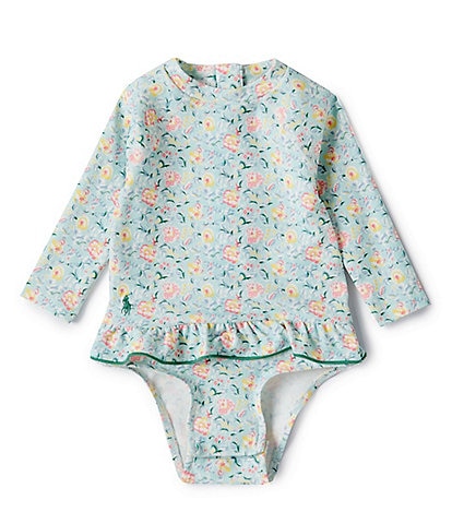 Ralph Lauren Baby Girls 3-24 Months Raglan-Sleeve Floral Ruffled One-Piece Rashguard Swimsuit