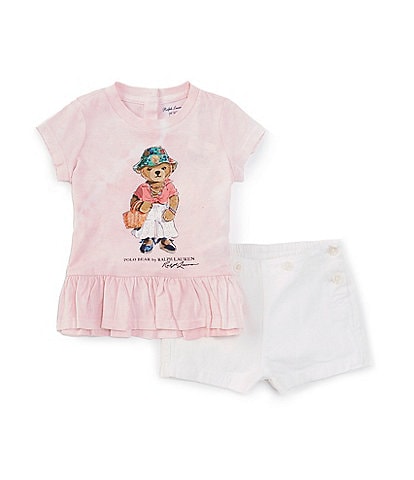 Ralph Lauren Baby Girls 3-24 Months Short Sleeve Tie-Dye Polo Bear T-Shirt & Chino Shorts Set
