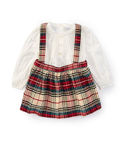 Ralph Lauren Baby Girls 9-12 Months Twill Skirted Overall-Look Jumper Dress & Puffed Sleeve Bodysuit Set