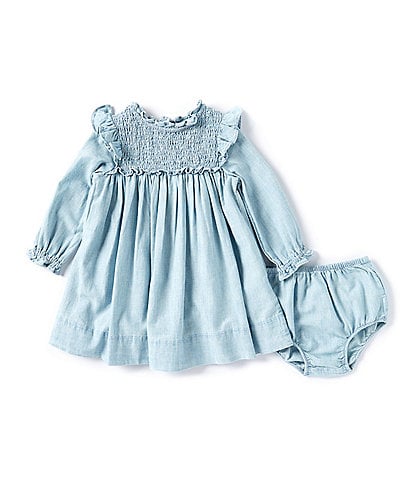 Ralph Lauren Baby Girls 9-24 Months Long Sleeve Smocked Empire-Waist Chambray Dress