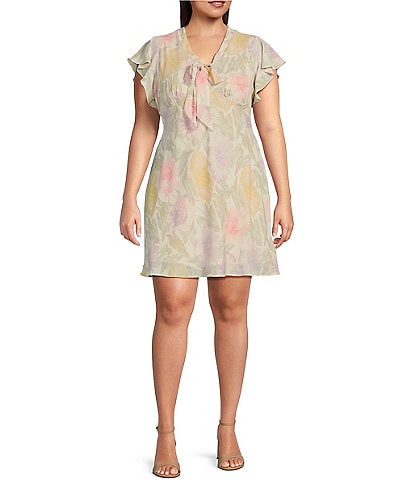 Lauren Ralph Lauren Plus Size Floral Flutter Cap Sleeve Tie V-Neck A-Line Dress