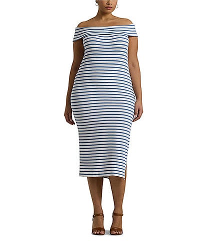 Ralph Lauren Plus Size Short Sleeve Off The Shoulder Neck Striped Midi Dress