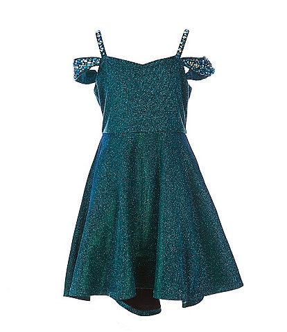 Rare Editions Big Girls 7-16 Rhinestone Off-The-Shoulder Iridescent Glitter Lurex Hi-Low Dress