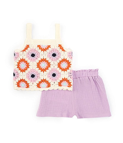 Rare Editions Baby Girls 12-24 Months Crocheted Tank Top & Solid Gauze Shorts Set