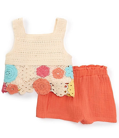 Rare Editions Baby Girls 12-24 Months Flower Crocheted Tank Top & Solid Gauze Shorts Set