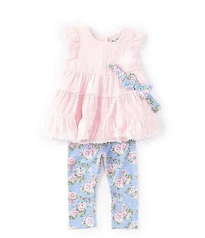 Rare Editions Baby Girls 12-24 Months Gauze With Eyelet Tiered Tunic With Legging & Headband Set
