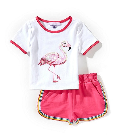 Rare Editions Baby Girls 12-24 Months Short-Sleeve Flamingo-Graphic T-Shirt & Rainbow-Stripe-Trimmed Shorts Set