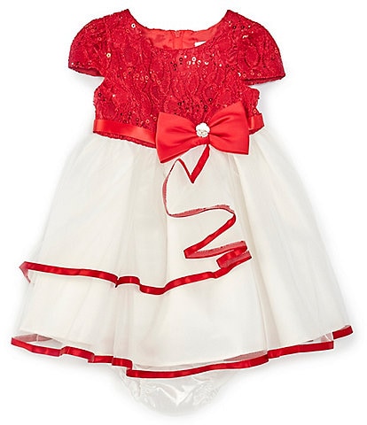 Rare Editions Baby Girls 12-24 Months Short-Sleeve Glitter-Accented Lace Bodice/Mesh Skirted Fit And Flare Dress