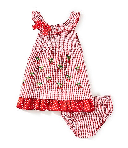 Rare Editions Baby Girls 12-24 Months Sleeveless Checked/Cherry-Embroidered Seersucker Fit-And Flare Dress