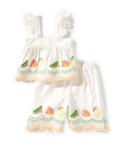 Rare Editions Baby Girls 12-24 Months Sleeveless Fruit-Printed Eyelet-Embroidered Linen-Blend Tank Top & Pants Set