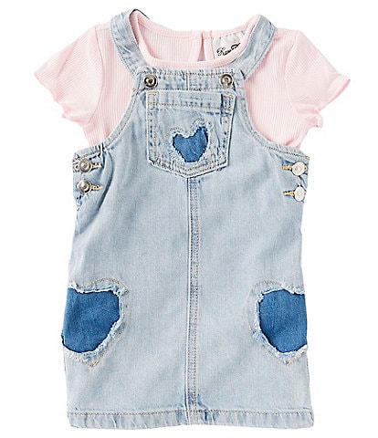 Rare Editions Baby Girls 12-24 Months Sleeveless Heart-Appliqued Denim Jumper Dress & Short Sleeve Solid T-Shirt Set