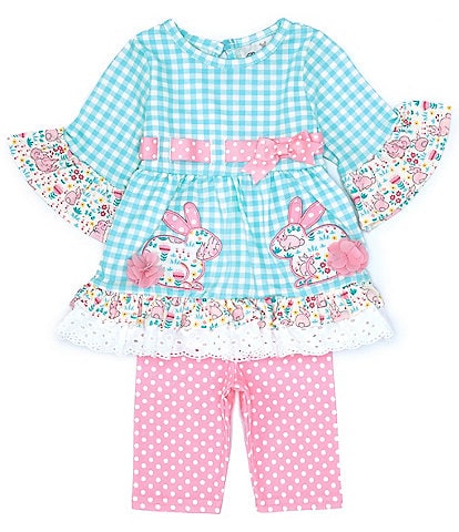 Rare Editions Baby Girls 3-24 Months 3/4 Sleeve Easter Bunny Checked Seersucker Fit & Flare Dress & Dotted Leggings Set