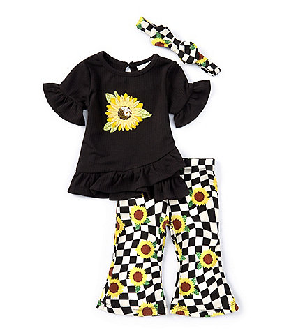 Rare Editions Baby Girls 3-24 Months 3/4-Sleeve Sunflower-Appliqued Tunic Top & Checked/Floral-Printed Leggings Set