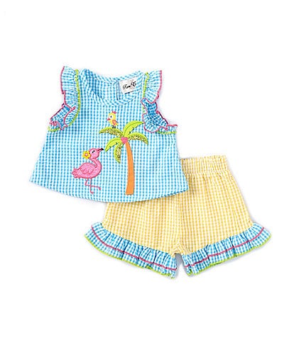 Rare Editions Baby Girls 3-24 Months Cap Sleeve Checked Flamingo/Palm Tree Designed Seersucker Top & Coordinating Shorts Set