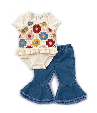 Rare Editions Baby Girls 3-24 Months Crocheted Vest, Short Sleeve Solid T-Shirt & Jeans Set