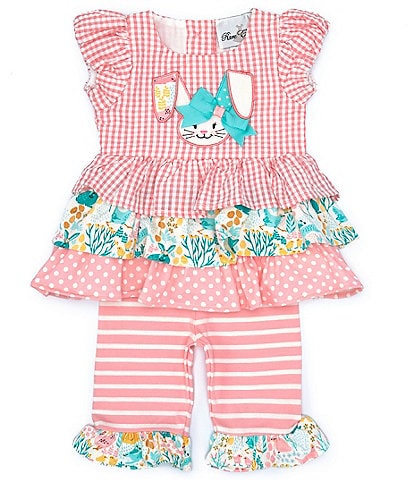 Rare Editions Baby Girls 3-24 Months Easter-Bunny-Face Applique Mixed-Media Fit-And-Flare Dress & Striped Leggings Set