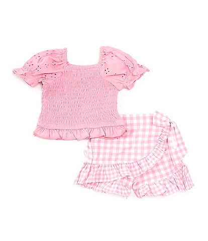 Rare Editions Baby Girls 3-24 Months Eyelet-Embroidered-Puffed-Sleeve Knit Top & Gingham Seersucker Skort Set
