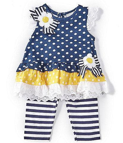 Rare Editions Baby Girls 3-24 Months Eyelet Flutter-Sleeve Dotted Mixed-Media Tunic Top & Striped Leggings Set