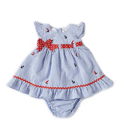 Rare Editions Baby Girls 3-24 Months Flutter Sleeve Nautical Striped Seersucker Fit & Flare Dress