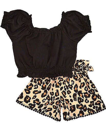 Rare Editions Baby Girls 3-24 Months Flutter-Sleeve Solid Top & Cheetah-Printed Shorts Set