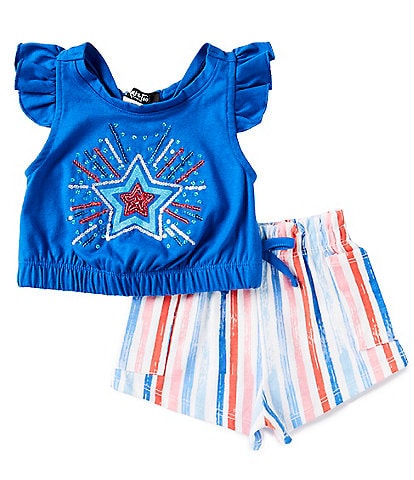 Rare Editions Baby Girls 3-24 Months Flutter-Sleeve Star-Appliqued Americana Tee & Striped Shorts Set