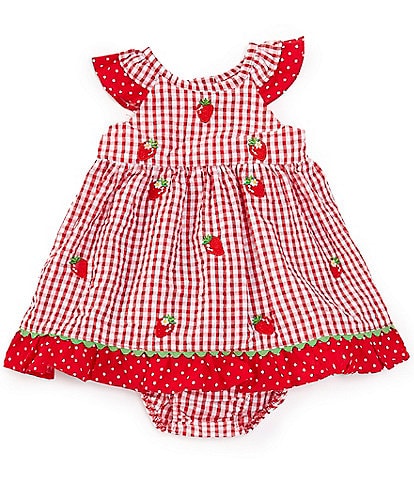 Rare Editions Baby Girls 3-24 Months Flutter Sleeve Strawberry-Schiffli-Embroidered Checked Seersucker Fit & Flare Dress