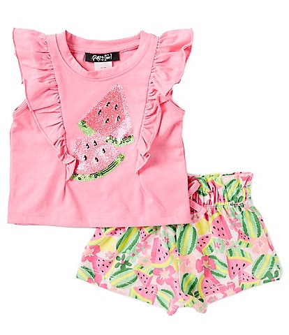 Rare Editions Baby Girls 3-24 Months Flutter-Sleeve Watermelon-Appliqued & Allover-Watermelon-Printed Shorts Set