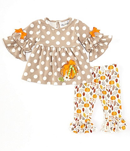 Rare Editions Baby Girls 3-24 Months Large-Dot Pumpkin Appliqued Tunic Top & Allover Mixed-Media Printed Leggings Set