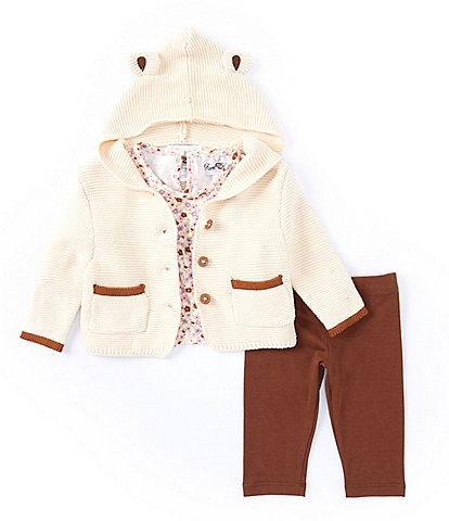 Rare Editions Baby Girls 3-24 Months Long-Sleeve Bear Ears Hooded Knit Cardigan, Long-Sleeve Floral Top & Solid Leggings Set