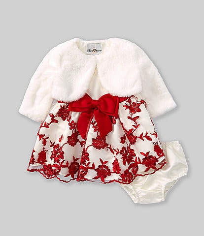 Rare Editions Baby Girls 3-24 Months Long-Sleeve Faux-Fur Shrug & Sleeveless Solid Satin/Embroidered Fit-And-Flare Dress