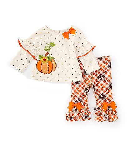 Rare Editions Baby Girls 3-24 Months Long-Sleeve Foiled-Dot Pumpkin Tunic Top & Plaid Ruffle-Hem Leggings Set