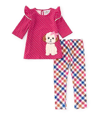 Rare Editions Baby Girls 3-24 Months Long-Sleeve Puppy-Applique Dotted Tunic Top & Checked Leggings Set