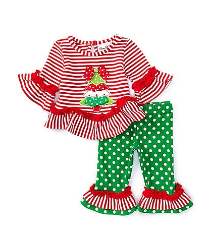 Rare Editions Baby Girls 3-24 Months Long Sleeve Striped Christmas Tree Appliqued Tunic Top & Dotted Leggings Set