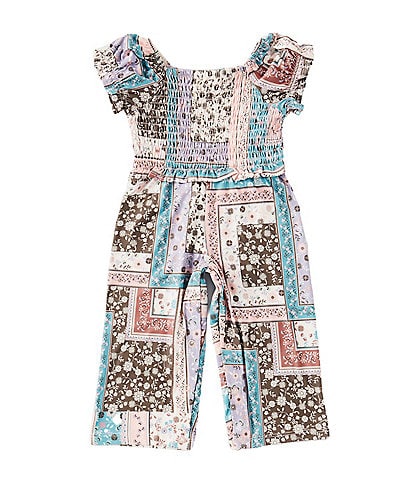 Rare Editions Baby Girls 3-24 Months Short Sleeve Smocked-Bodice Patchwork Jumpsuit