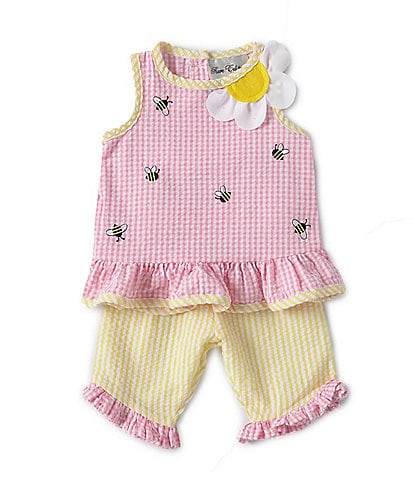 Rare Editions Baby Girls 3-24 Months Sleeveless Bee Embroidered Checked Seersucker Tunic Top & Striped Seersucker Pant Set