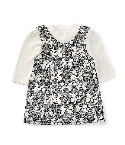 Rare Editions Baby Girls 3-24 Months Sleeveless Burnout Bow-Printed Jumper Dress & Solid Long-Sleeve Waffle-Knit Bodysuit