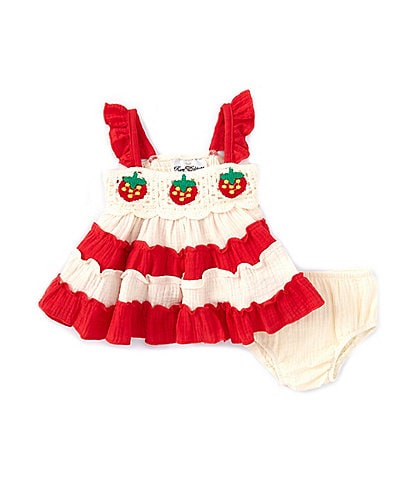 Rare Editions Baby Girls 3-24 Months Sleeveless Strawberry Crocheted/Striped Gauze Fit-And-Flare Dress
