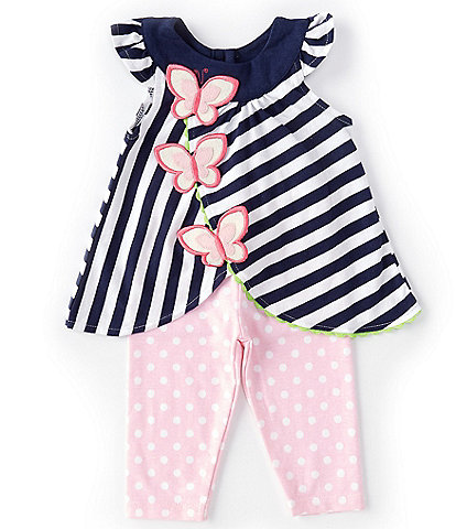 Rare Editions Baby Girls 3-24 Months Striped Flutter Sleeve Butterfly Applique Tulip Hem Tunic & Dotted Leggings Set