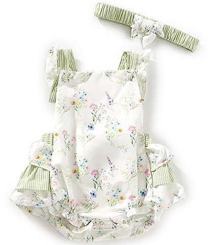 Rare Editions Baby Girls 3-9 Months Flutter-Sleeve Mixed-Media Striped/Floral Bodysuit